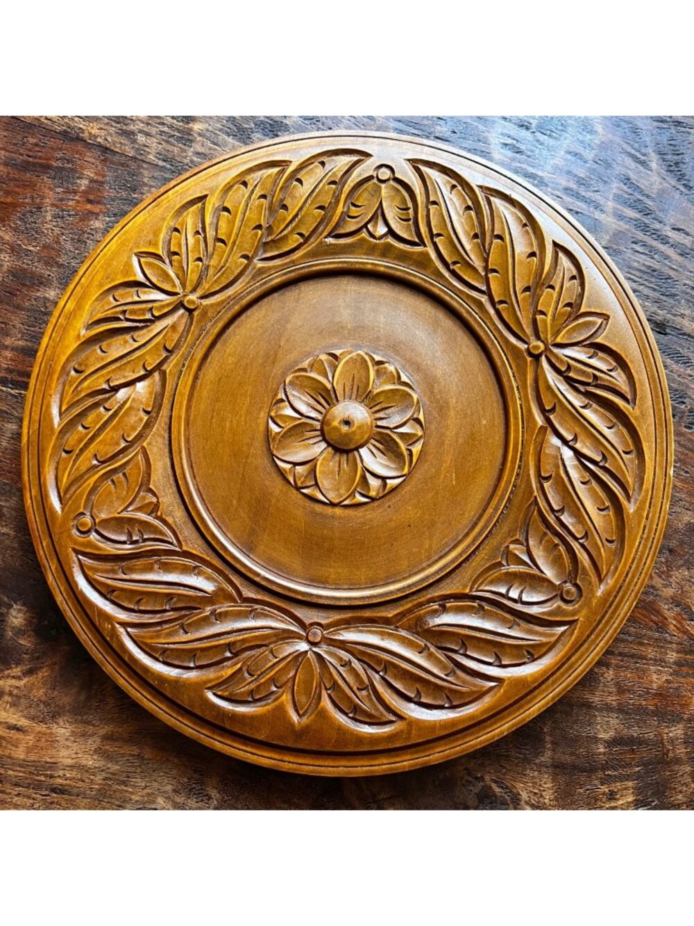 Hand-Carved Bulgarian Wooden Wall Art With Floral & Leaf Design 11.5" Diameter B